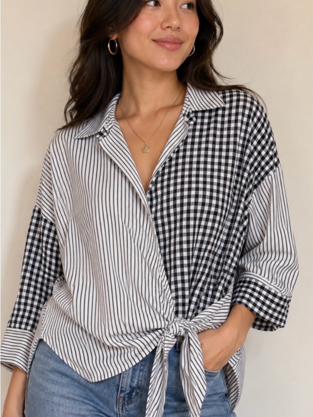 Foxcroft Black & White Mixed Stripe and Gingham Tie-Front Shirt